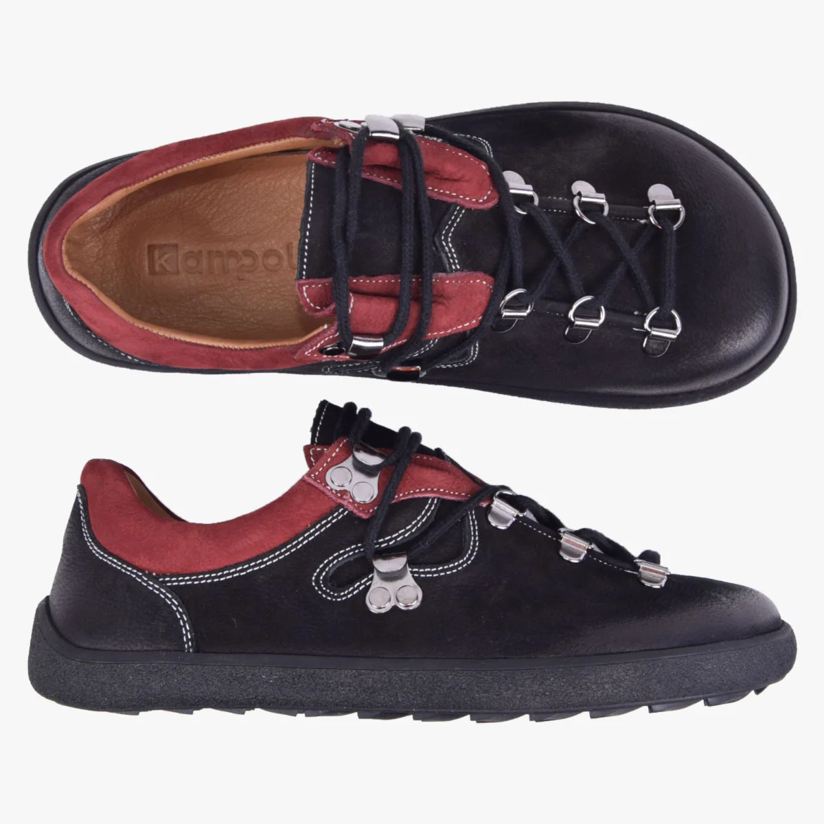 BUTY TREKKINGOWE BAREFOOT DAMSKIE SKÓRZANE CZARNE Z BORDO 114