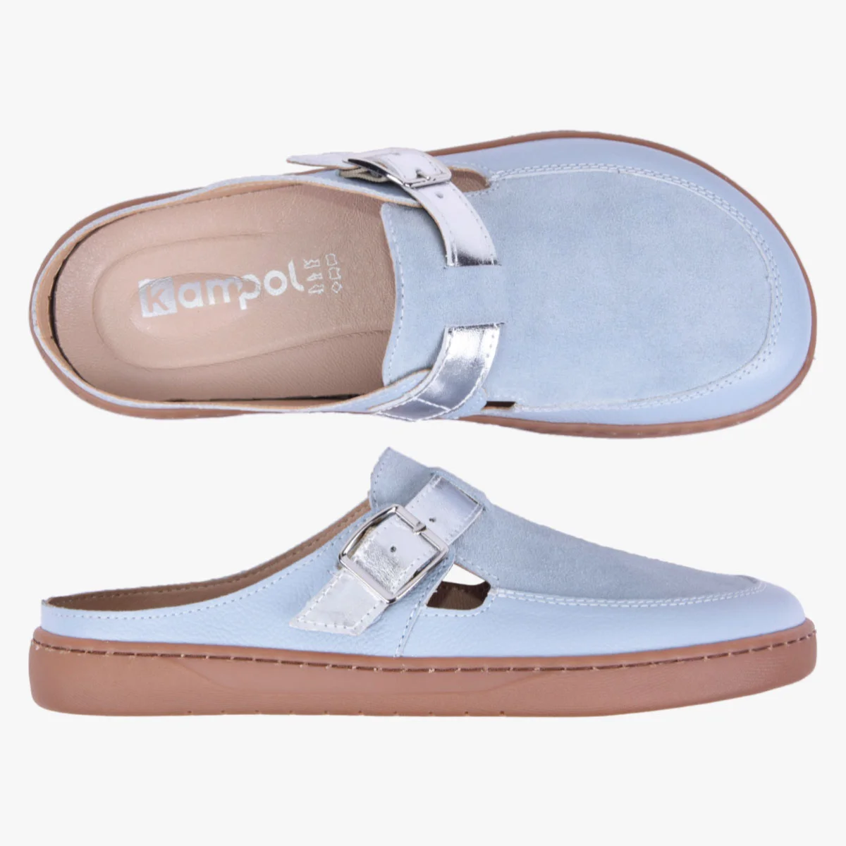 BAREFOOT KLAPKI DAMSKIE SKÓRZANE SZEROKIE NIEBIESKIE 701